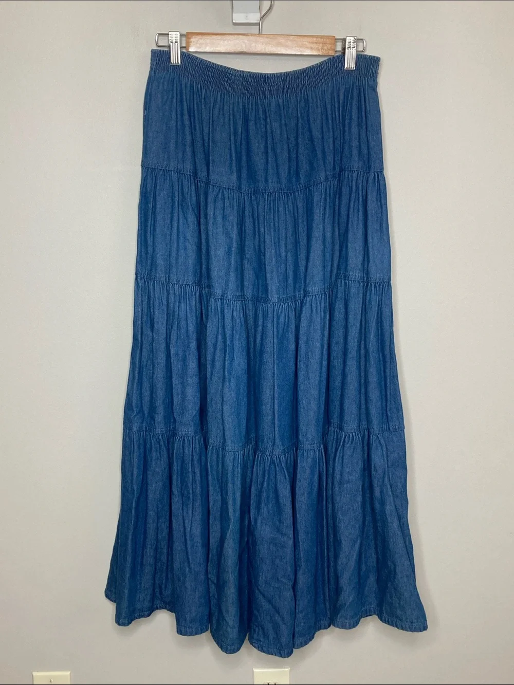 Willowbend Vintage Cotton Elastic-Waist Tiered Denim Maxi Skirt, Size Medium